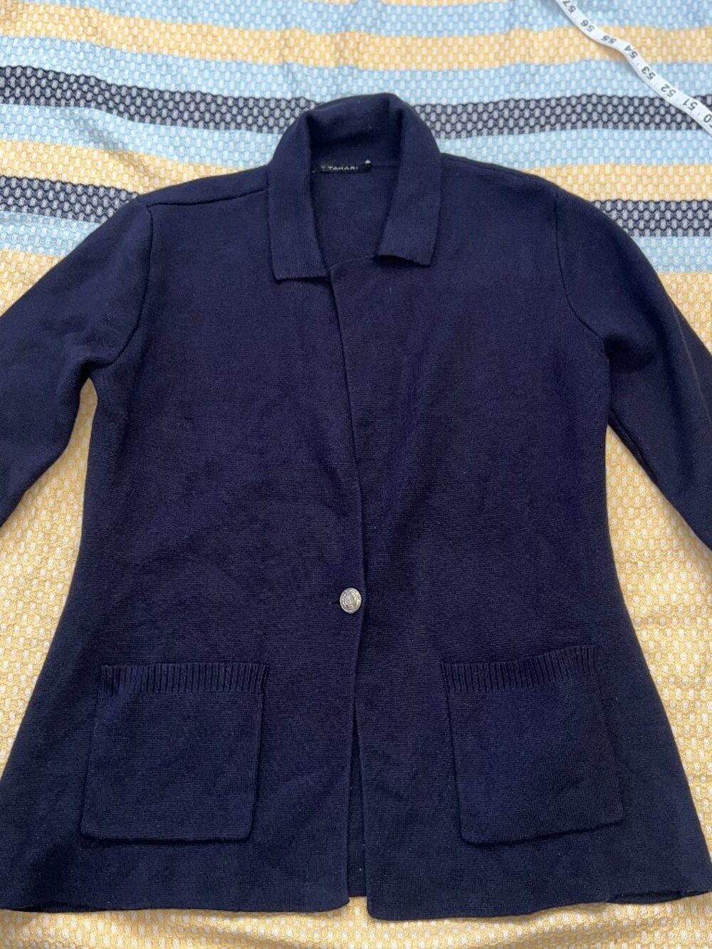 T Tahari Navy Blue Sweater Blazer Cardigan Gold Crest Button Small Petite